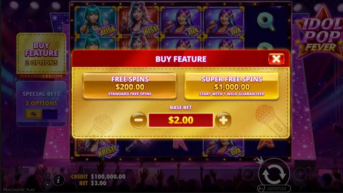 Interface vibrante do jogo de slot Idol Pop Fever com luzes neon e ídolos pop.